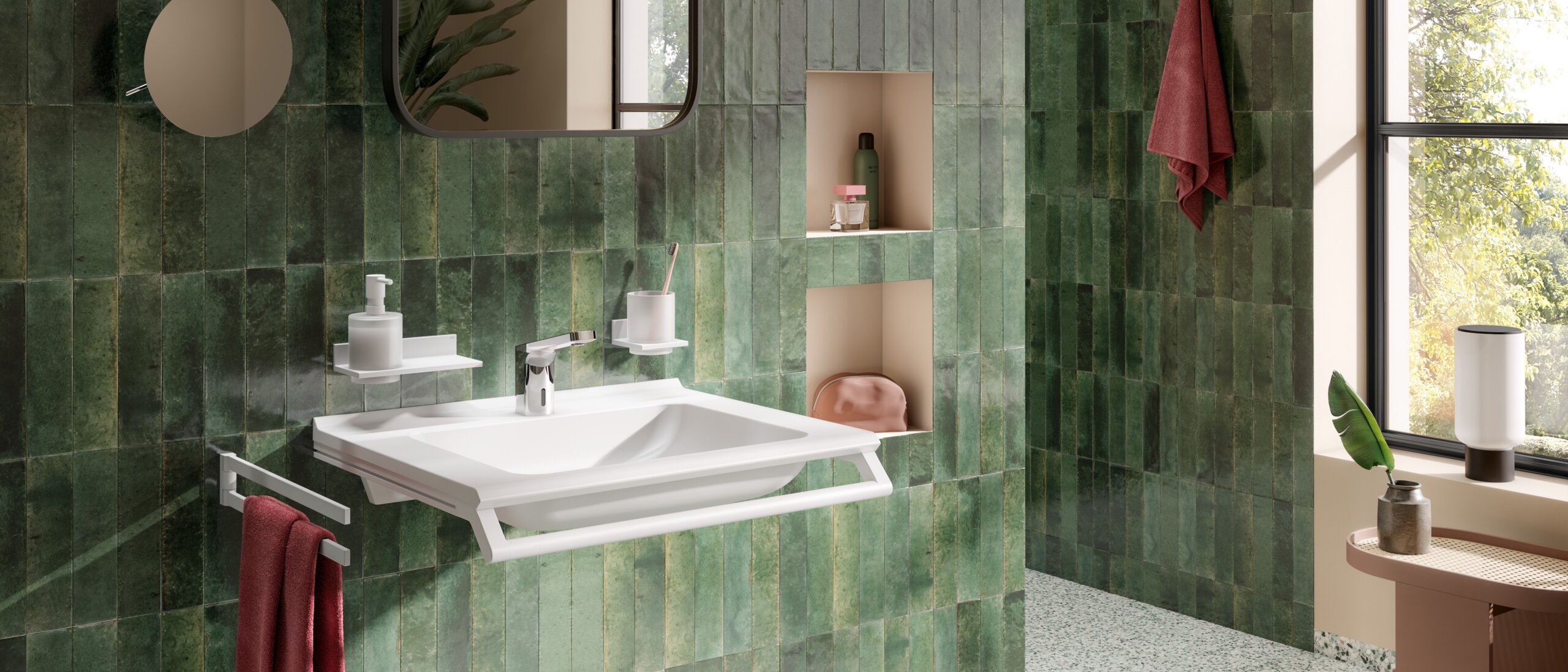Washplace equipped with towel rail and soap dispenser in the colour white matt